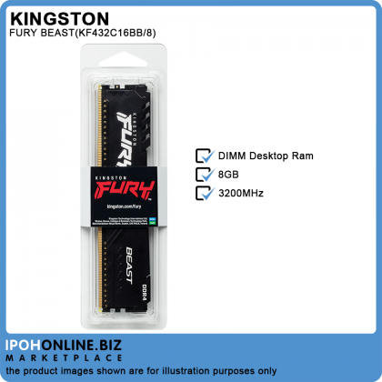 Kingston FURY Beast 8GB DDR4 3200 Gaming Desktop RAM AMD Intel XMP Certified - KF432C16BB/8 Kingston FURY Beast 8GB DDR4 3200 Gaming Desktop RAM AMD Intel XMP Certified - KF432C16BB/8